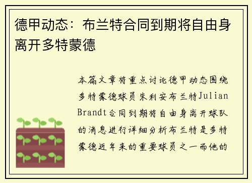 德甲动态：布兰特合同到期将自由身离开多特蒙德